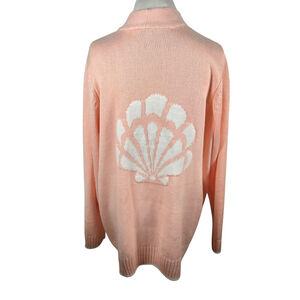 Denim & CO Peach Sweater Cardigan Seashell Print Topper D&CO Beachy Size 1X